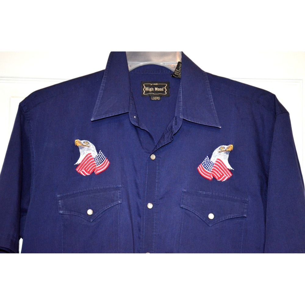 High Noon Vintage Shirt Men's L Blue Western Short Sleeve Eagles USA Flags Snap